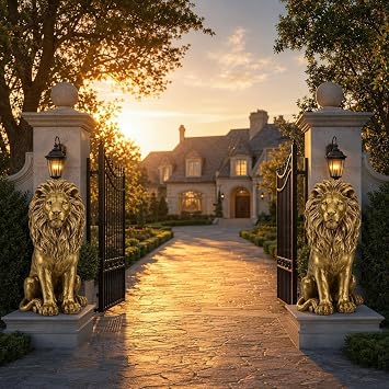 24" Gold Lion Statue Outdoor, Resin Guardian Sculpture | Regal Guardian Sculpture, Front Entry & Patio, Golden Resin, Weighted Base for Stability