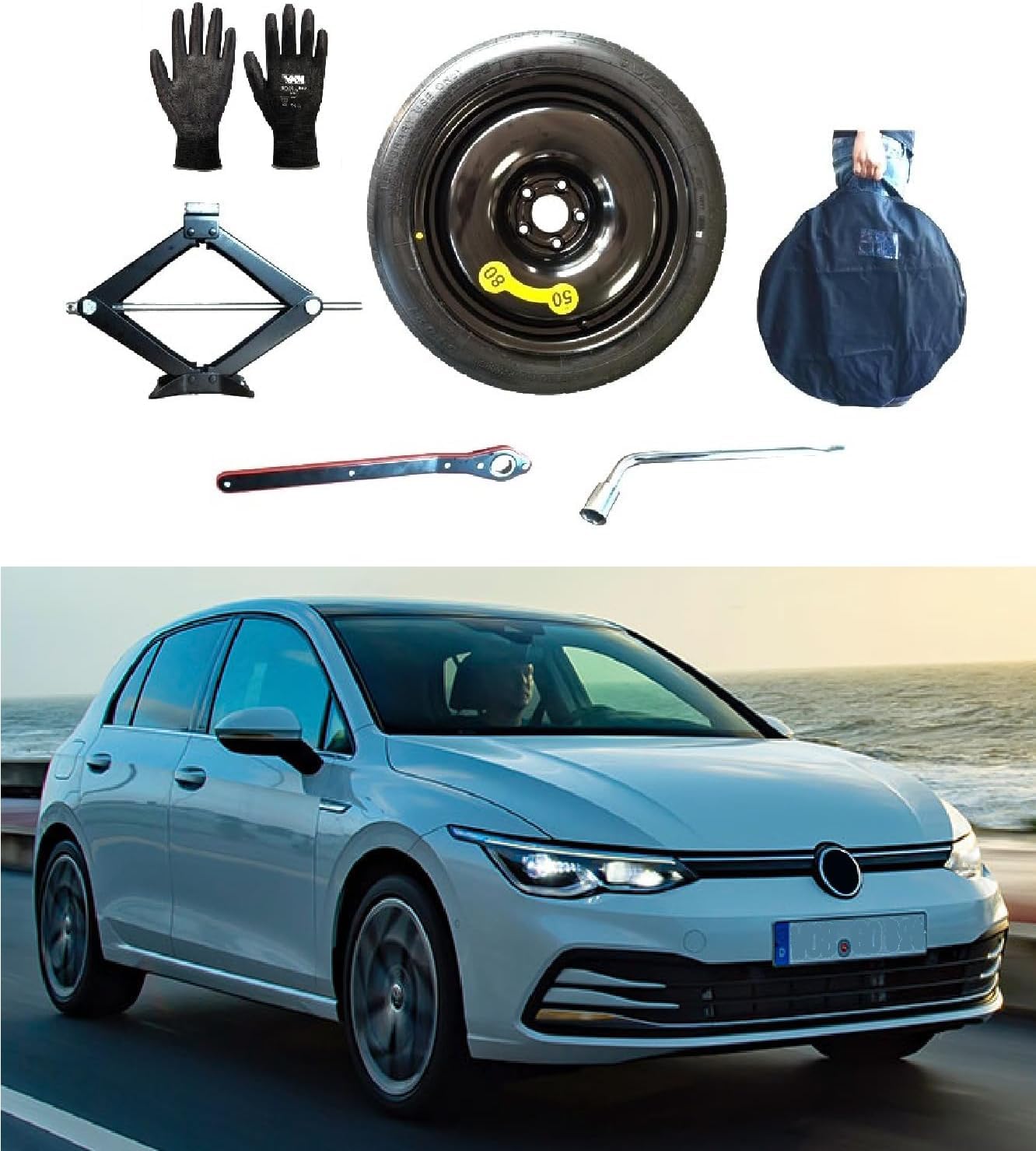 Notrad 18" kompatibel mit Volkswagen Golf mit Wagenheber, Schlüssel, Handschuhe und Tasche