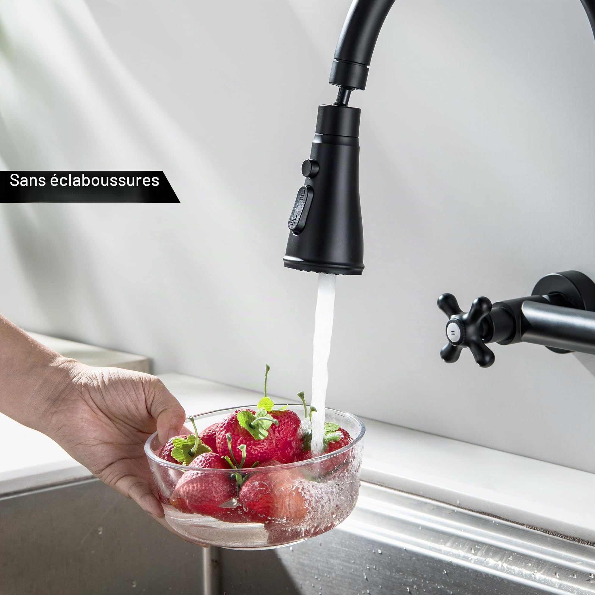 Robinet Cuisine Mural avec 3 Modes de Pulverisation Robinet Cuisine Noir Mitigeur Cuisine Flexible avec Bec Pivotant à 360