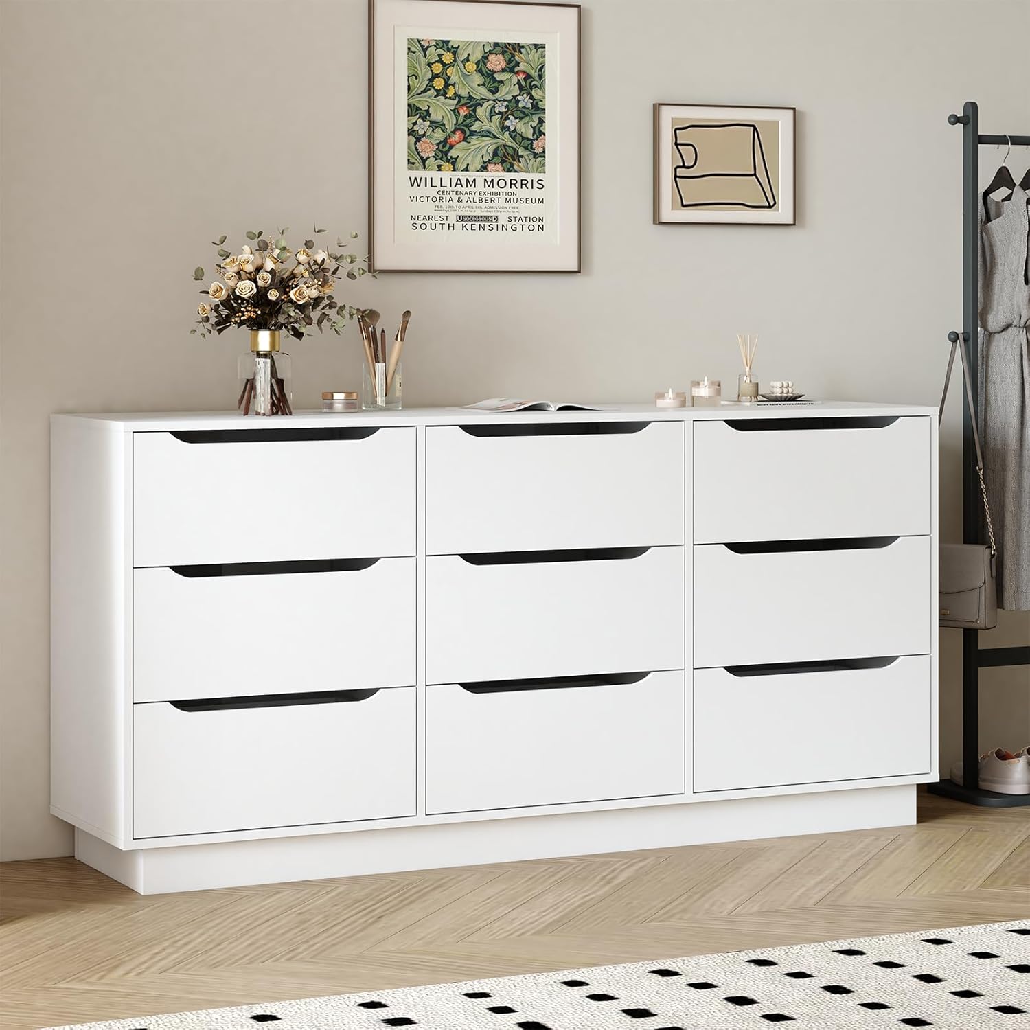 White Dresser for Bedroom with Deep Drawer,63‘’ Modern Large Wood Dresser,9 Chest of Drawers,Living Room,Hallway,Entryway,TV Stand Drawer Organizer
