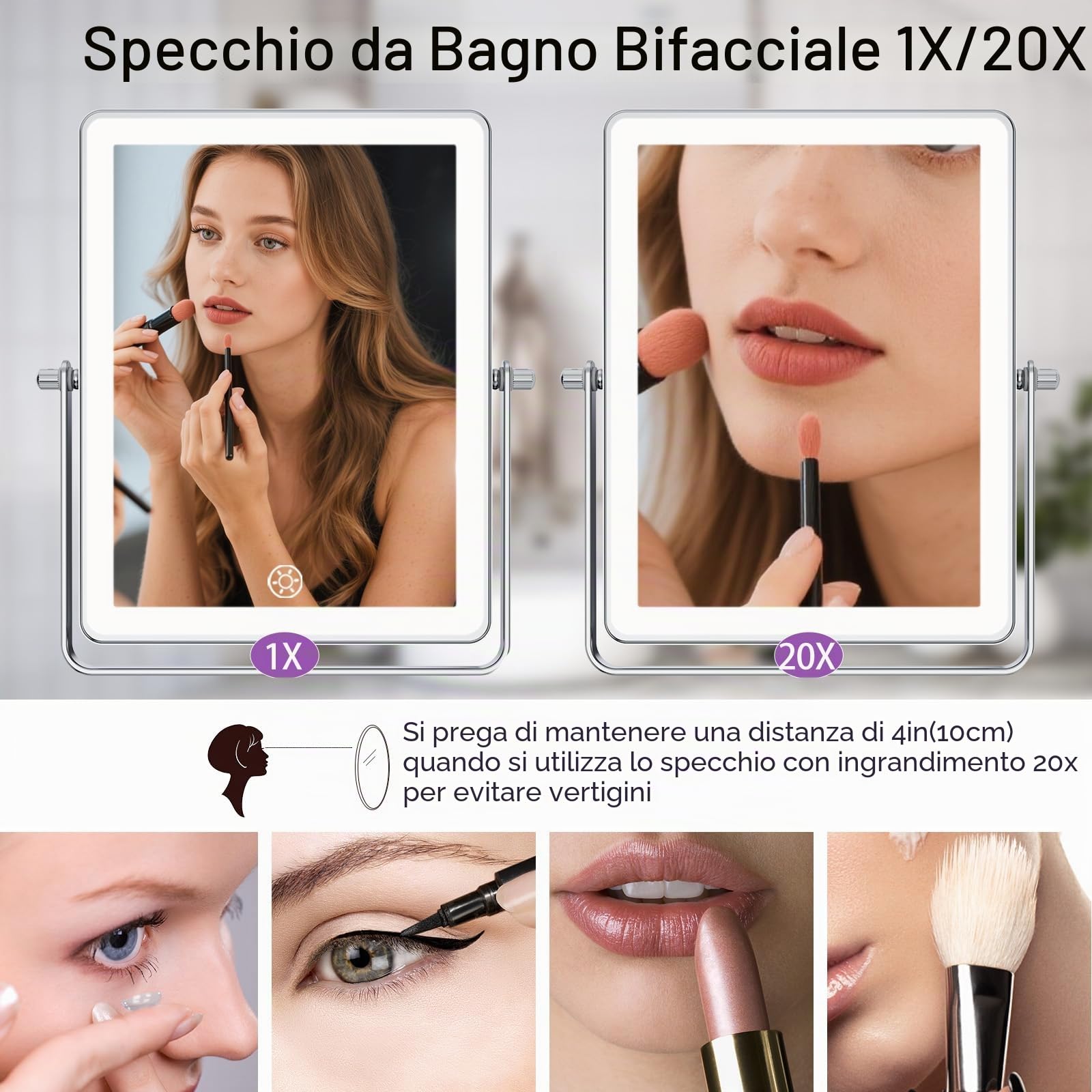 FASCINATE Specchio cosmetico ricaricabile con ingrandimento 1X/10X, 3 luci dimmerabili, touch screen, girevole 360°, montaggio a parete, specchio per il trucco