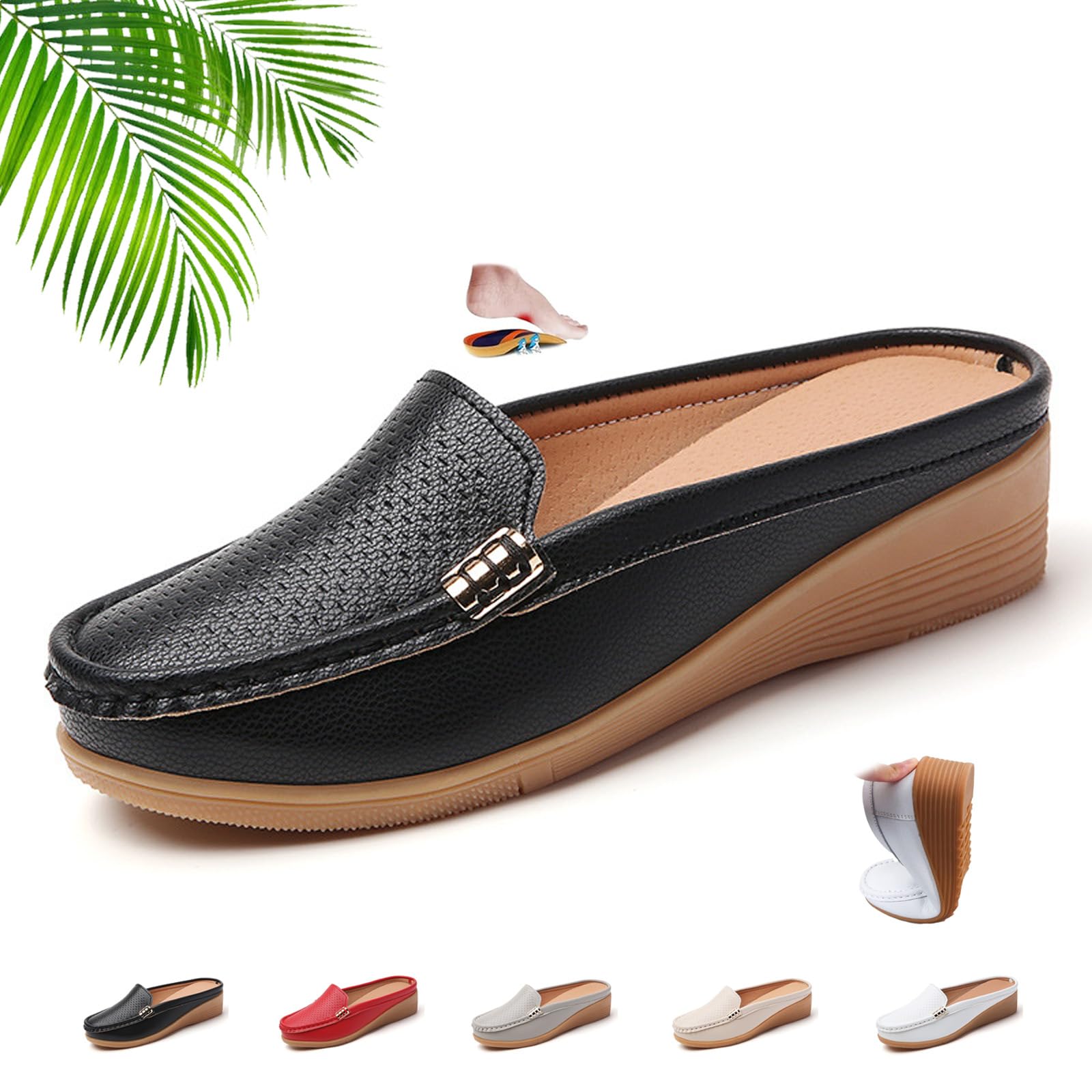 Mules en cuir à enfiler pour femme - Mocassins à enfiler en cuir véritable souple - Mocassins dos nu