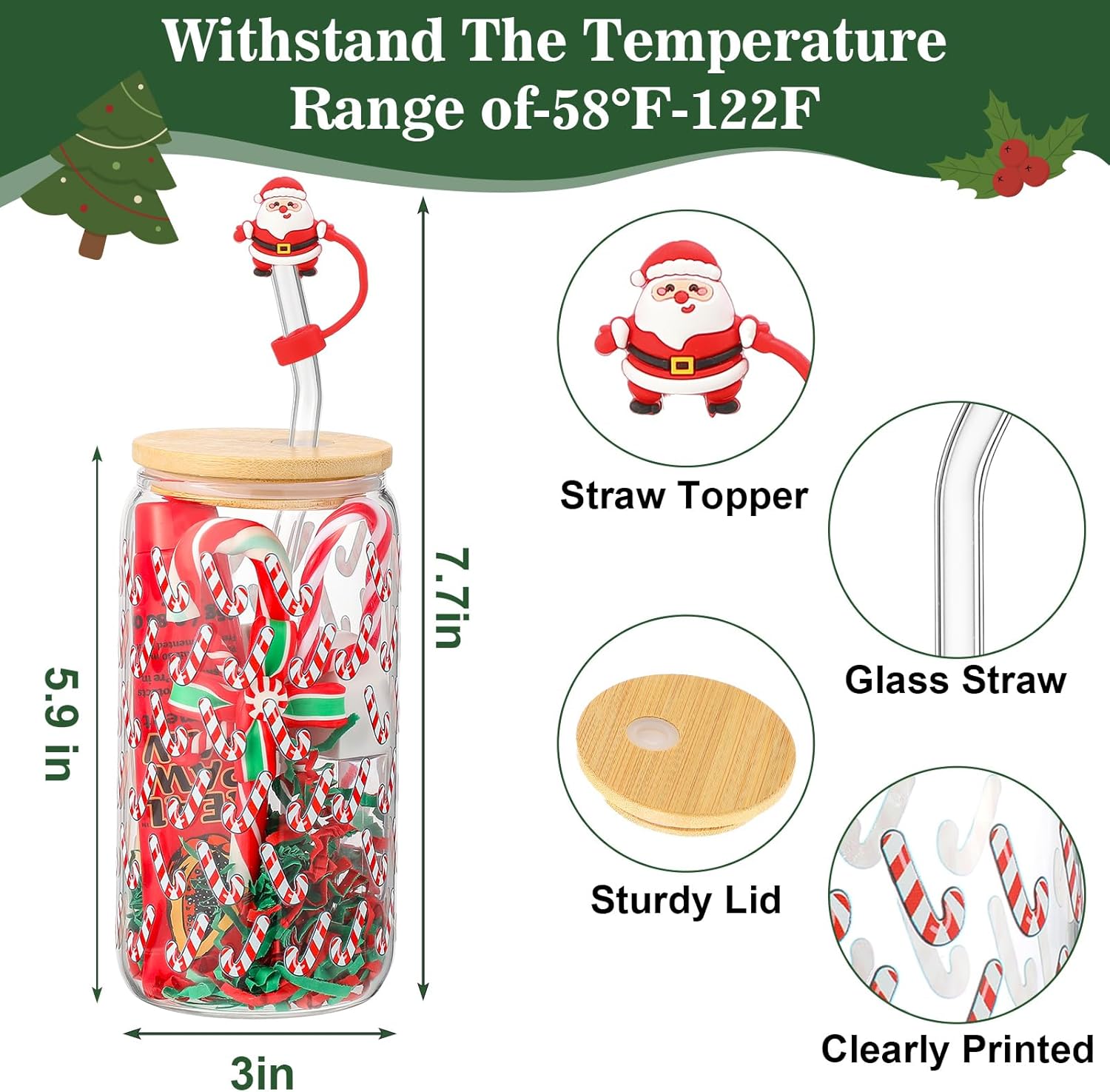 6 Set DIY Christmas Cup Gifts Ideas Glasses Cups Bulk 18oz Gingerbread Pinetree Candy Canes Mason Jar Filled with Lid and Straw Raffia for Friends Coworker Teachers Gift Christmas Party Favor