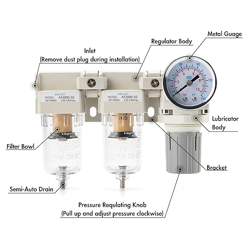 Miniatura 3 de Sistema de secado de aire NPT de 14 pulgadas  Filtro de compresor de aire  Filtros de aire dobles  Combo de regulador de presión de aire - Drenaje