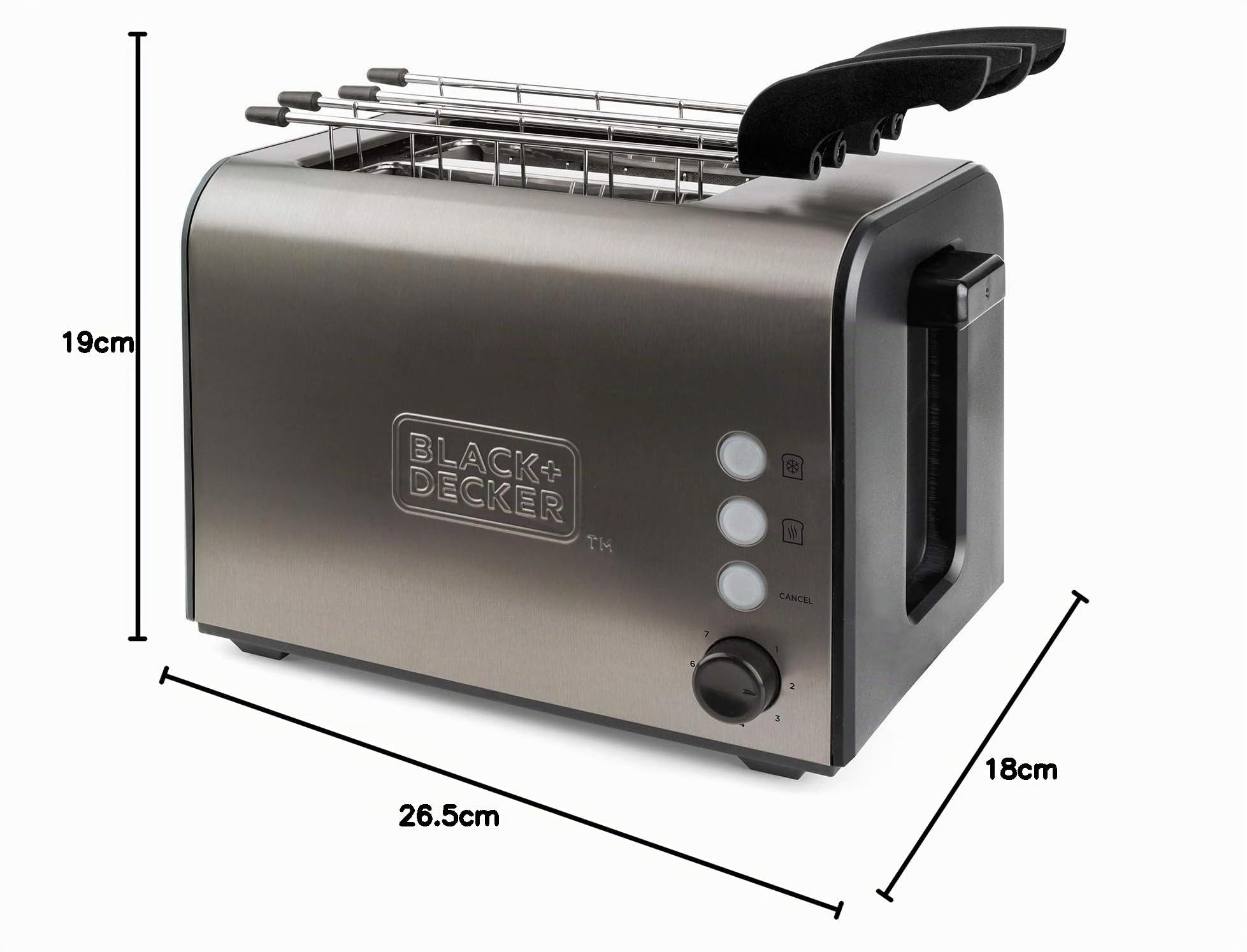 Tostadora Black+Decker con 2 ranuras extra anchas y con accesorio para sandwitch. 900W. Inox