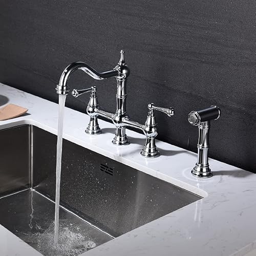 Miniatura 2 de Grifo de fregadero de cocina con rociador lateral extraíble, boquilla giratoria de doble mango en forma de puente moderna y elegante, construcción
