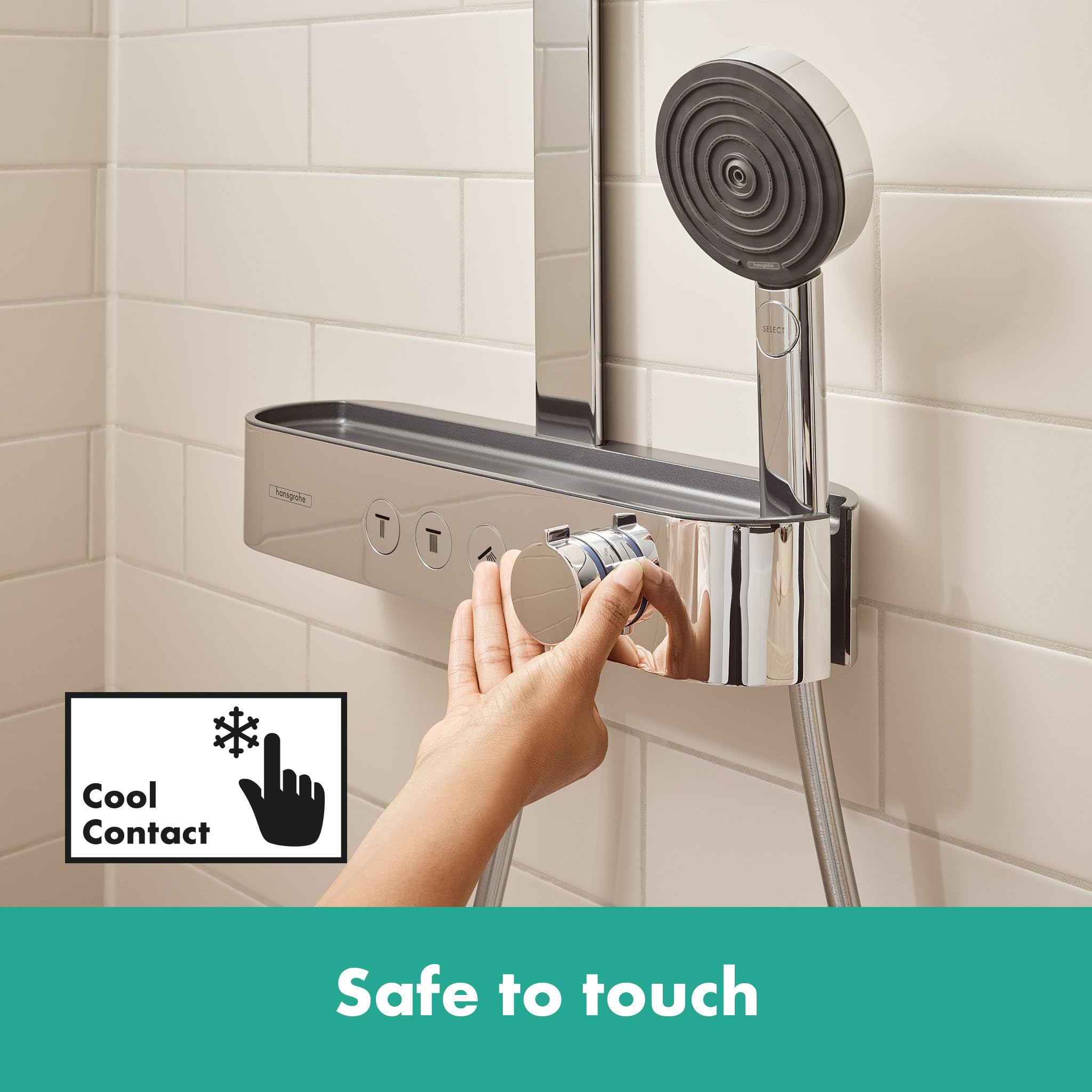 hansgrohe Pulsify S - komplet prysznicowy z termostatem, zestaw prysznicowy z główką prysznicowa, wąż, szyna i deszczownica okrągła 2-strumieniowa, chrom, 24240000