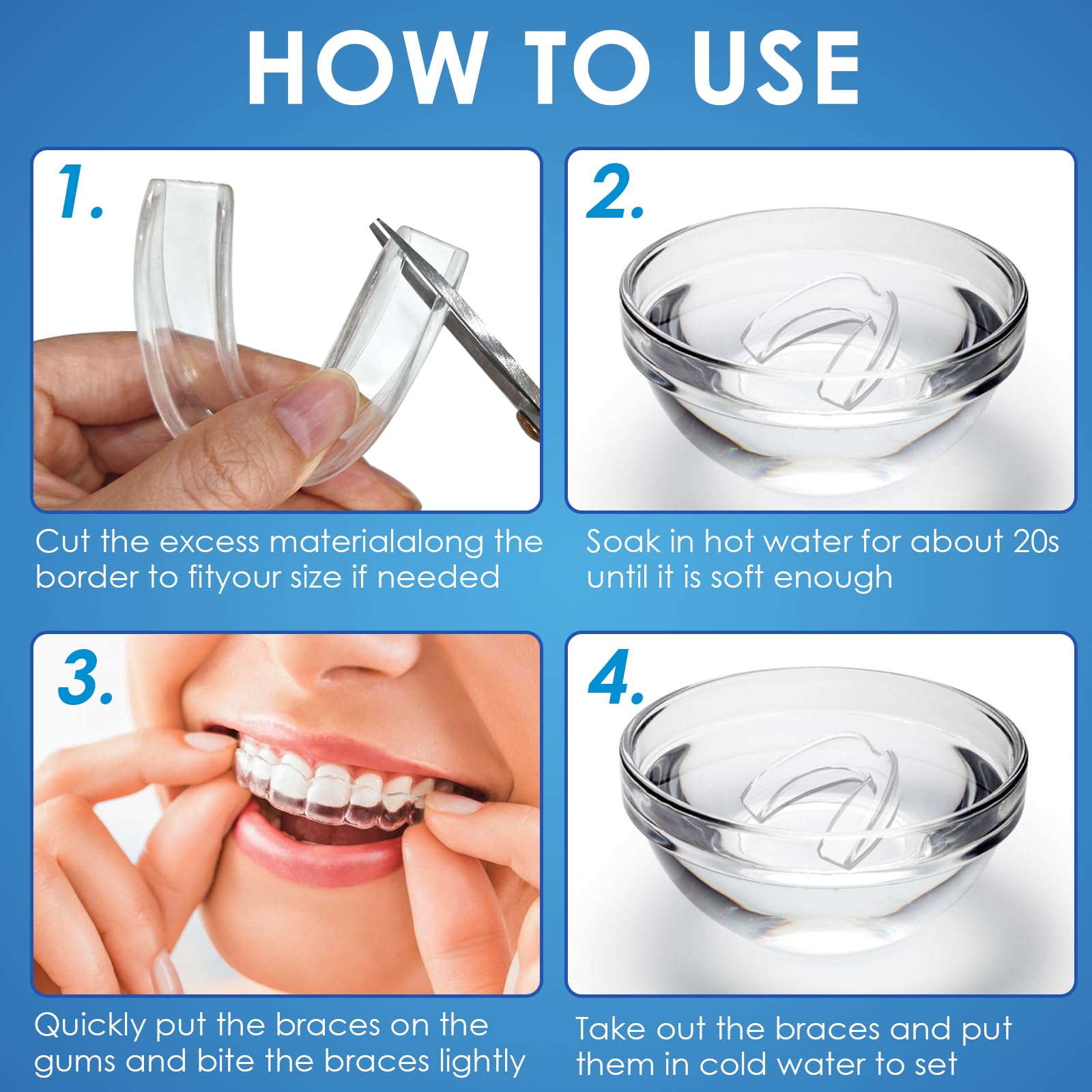 4 Piezas Férulas Descarga Bruxismo, Protectores Dentales Ajustables, Protector Bucal Bruxismo con Caja, Mejora La Férula para Roncar, Para la mayoría de los tipos de dientes, Transparente — view 7