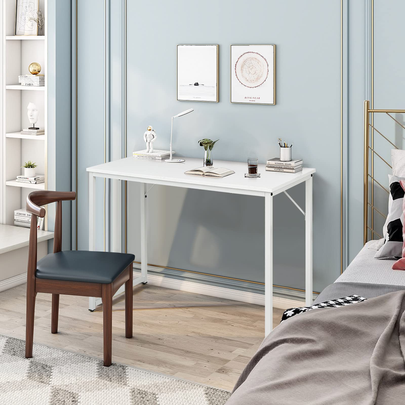 GIANTEX Scrivania, piccola scrivania per computer portatile, scrivania da ufficio, tavolo da lavoro, 100 x 50 x 75 cm, legno e metallo, per studio, ufficio, casa, ufficio (bianco)