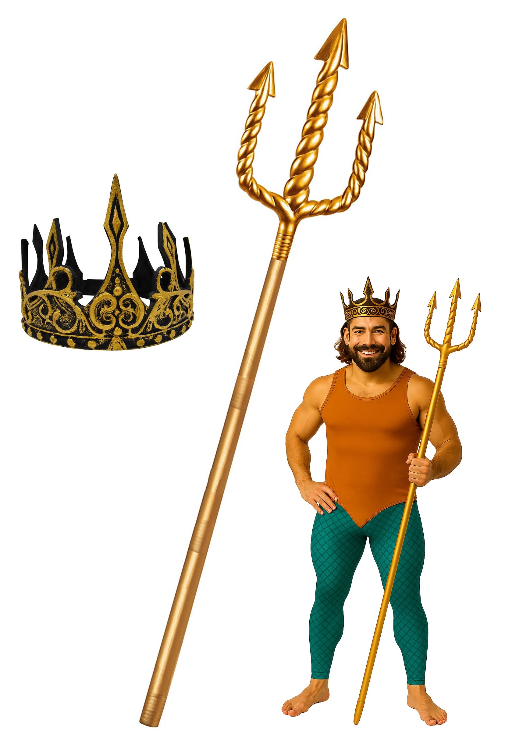 Nicky Bigs Novelties Adult Ocean Sea King Foam Gold Crown and Plastic Trident Staff Cosplay Set - Adjustable Halloween Costume Accessory Props, One Size, Gold