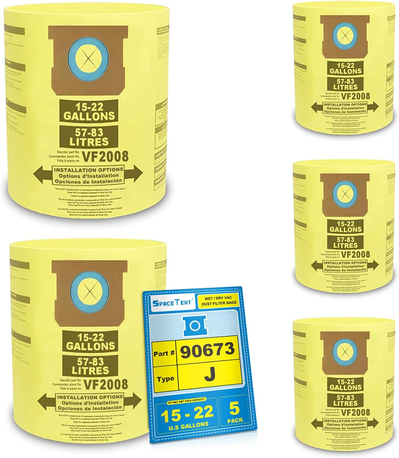 SpaceTent 5 Pack 90673 Bags for Shop Vac 15-22 Gallon Wet/Dry Vacs, part # 90673 9067300, Shop Vac 90673 Filter Bags Type J