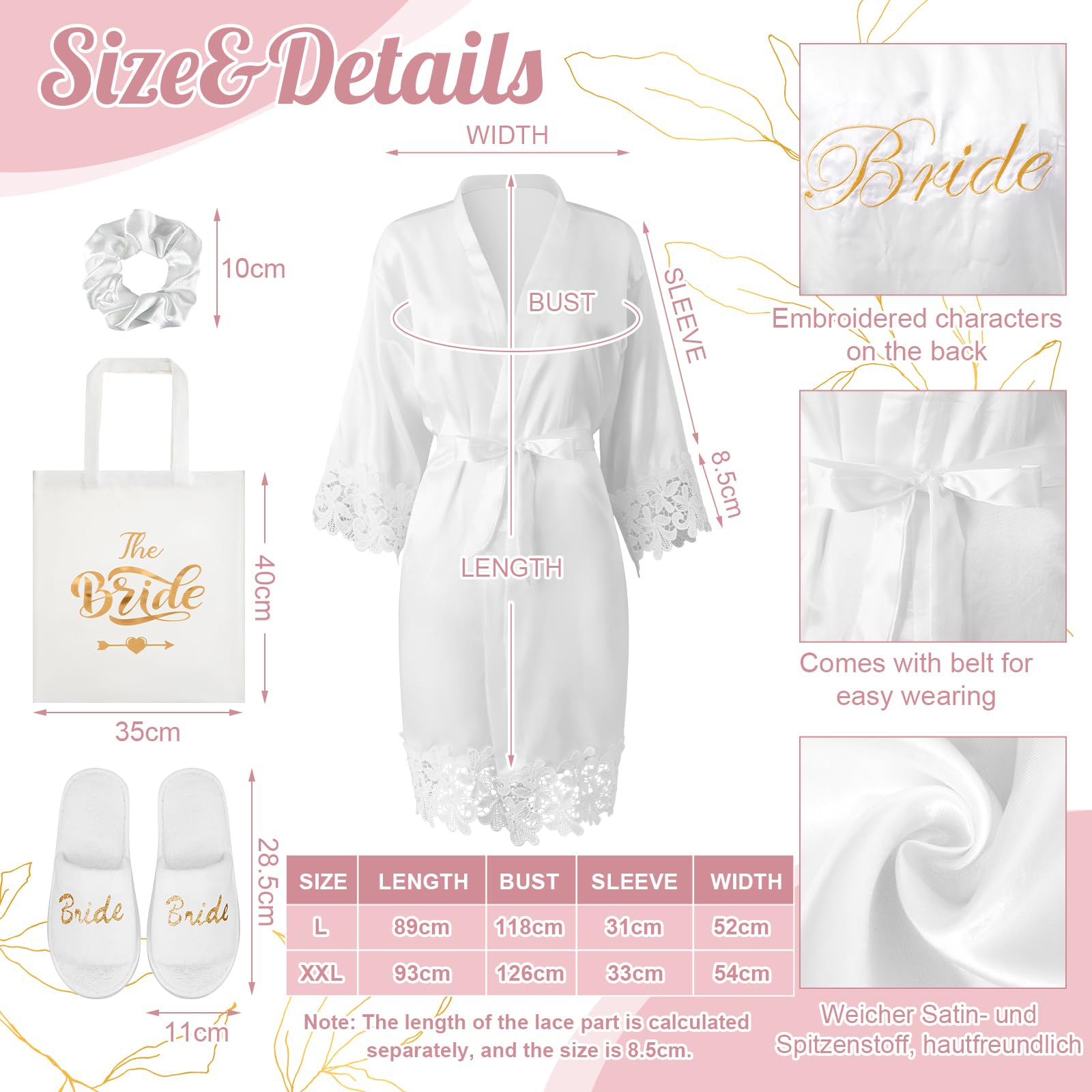 BBTO Juego de 4 Regalos de Novia Regalos de Despedidas de Soltera Bata de Novia de Satén Blanco con Encaje Dorado Bolsa Zapatillas Lazo de Pelo Blanco para Boda Compromiso Spa