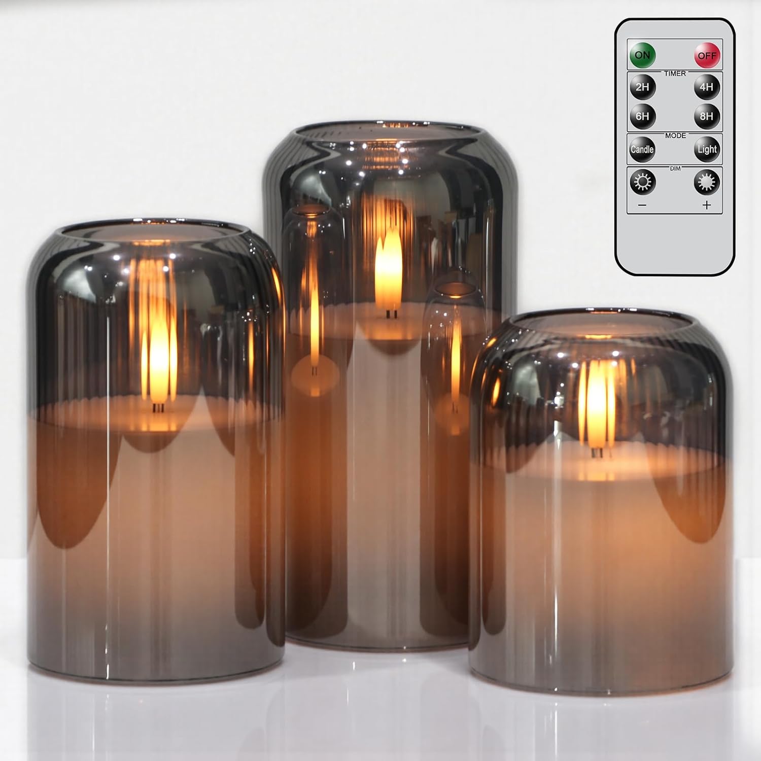 Hydrangeas Decals Glass Flameless Candles with Remote Timer, Battery Led Pillar Candles Flickering Real Wax Pack of 3 for Mother's Day Gift, Spring Dinner Home Decor, Φ 3" H 4" 5" 6"
