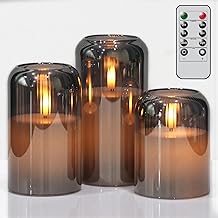 Eldnacele Black Glass LED Candles with Timer Function, Battery Operated Candles with Remote Control, Set of 3 Flameless Real Wax Candles with Pumpkin Shape and 3D Wick (Height 10/13/15 cm, Diameter 7.5 cm)