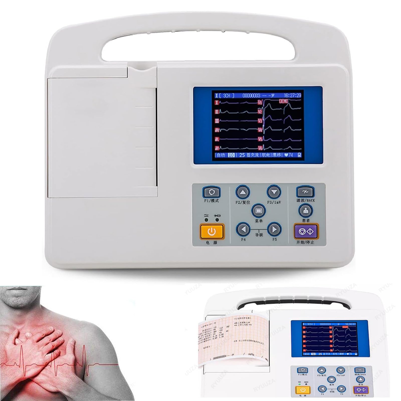 Elettrocardiografo digitale portatile, monitor cardiaco mobile a 12 derivazioni, macchina ECG portatile - con LCD a colori a 3 canali, dispositivo ECG digitale per uso domestico