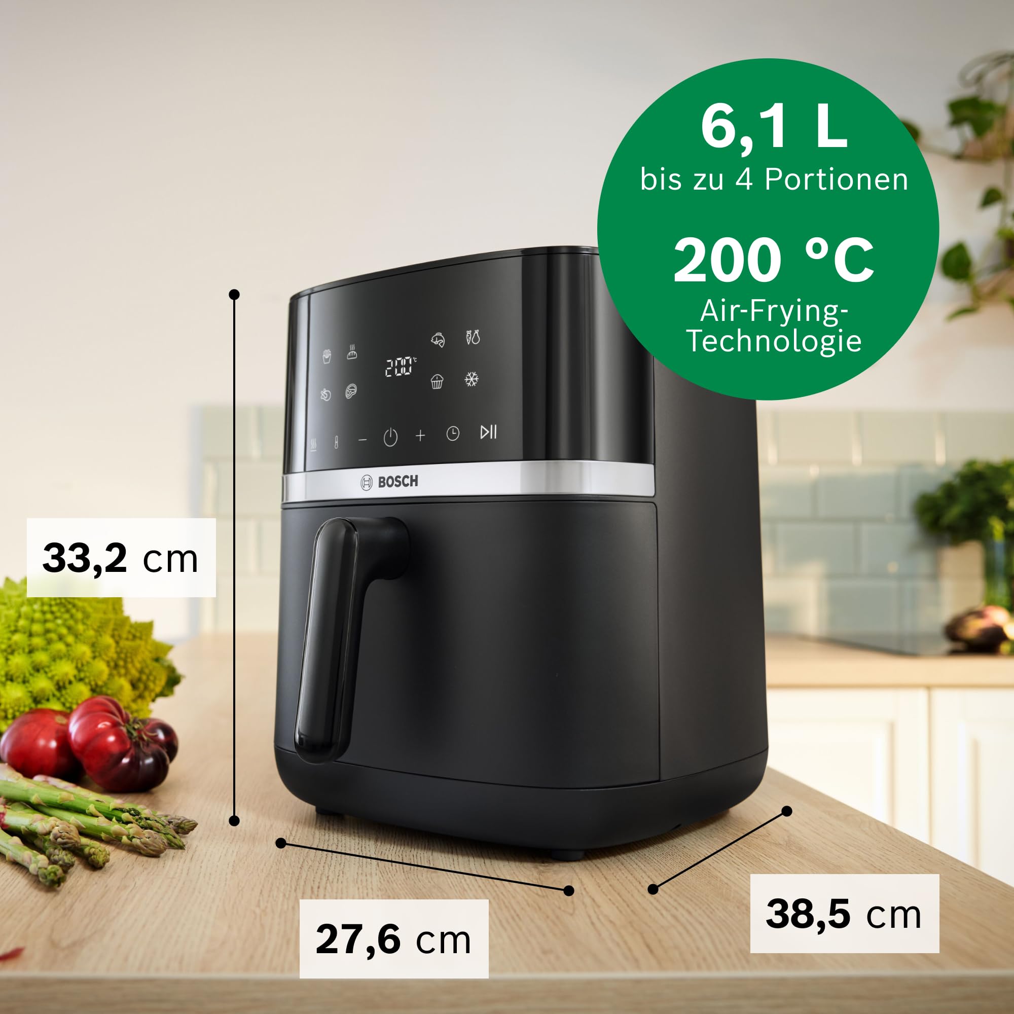 Bosch Heißluftfritteuse Serie 4, XL Air Fryer, schwarz, 6,1 L Fassungsvermögen, 7 Voreinstellungen, Auftau- und Warmhaltefunktion, Touchscreen, bis zu 60% schnelleres Kochen, MAF462B0