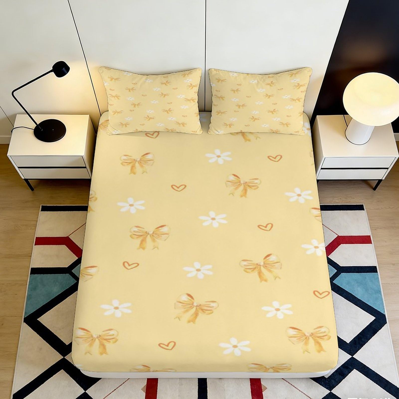 3D Printed Yellow Bow Fitted Sheet Microfiber Daisy Heart Mattress Cover Anti-Slip Washable Bedroom Decor for Home Dorm 140x200x25cm