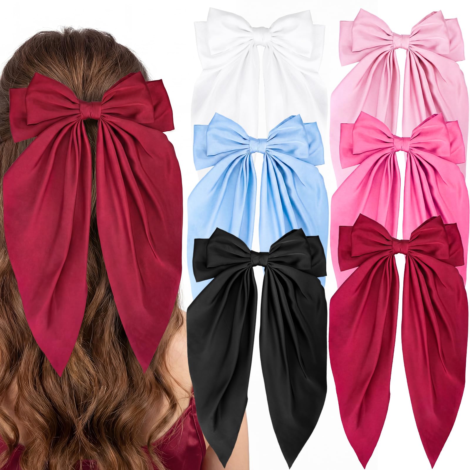 obeoby 6 Pcs Long Big Hair Bows Clips Barrettes Accessories For Women Girls | 6 Colors Black/Red/Pink/Blue/White Large Satin Bows For Thick, Long Hair, For Daily Wear Parties Wedding Holiday Gifts