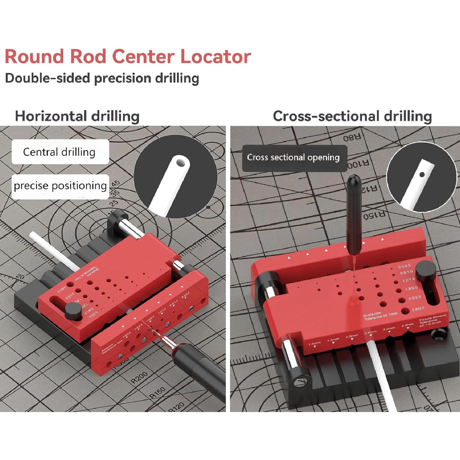 Fockety Localizzatore centrale per barre tonde, guida di foratura regolabile, posizionatore portatile per fori per strumenti di modellismo, modifica fai de te di figure