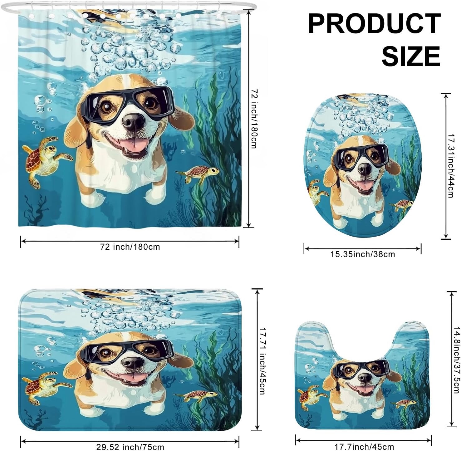 4PCS Spring Beagle Dog Bathroom Accessory Sets with Non-Slip Rug, U Shape and Toilet Lid Cover Mat, Fun Puppy Kids Ocean Cartoon Bathroom Decorative-72''x72''