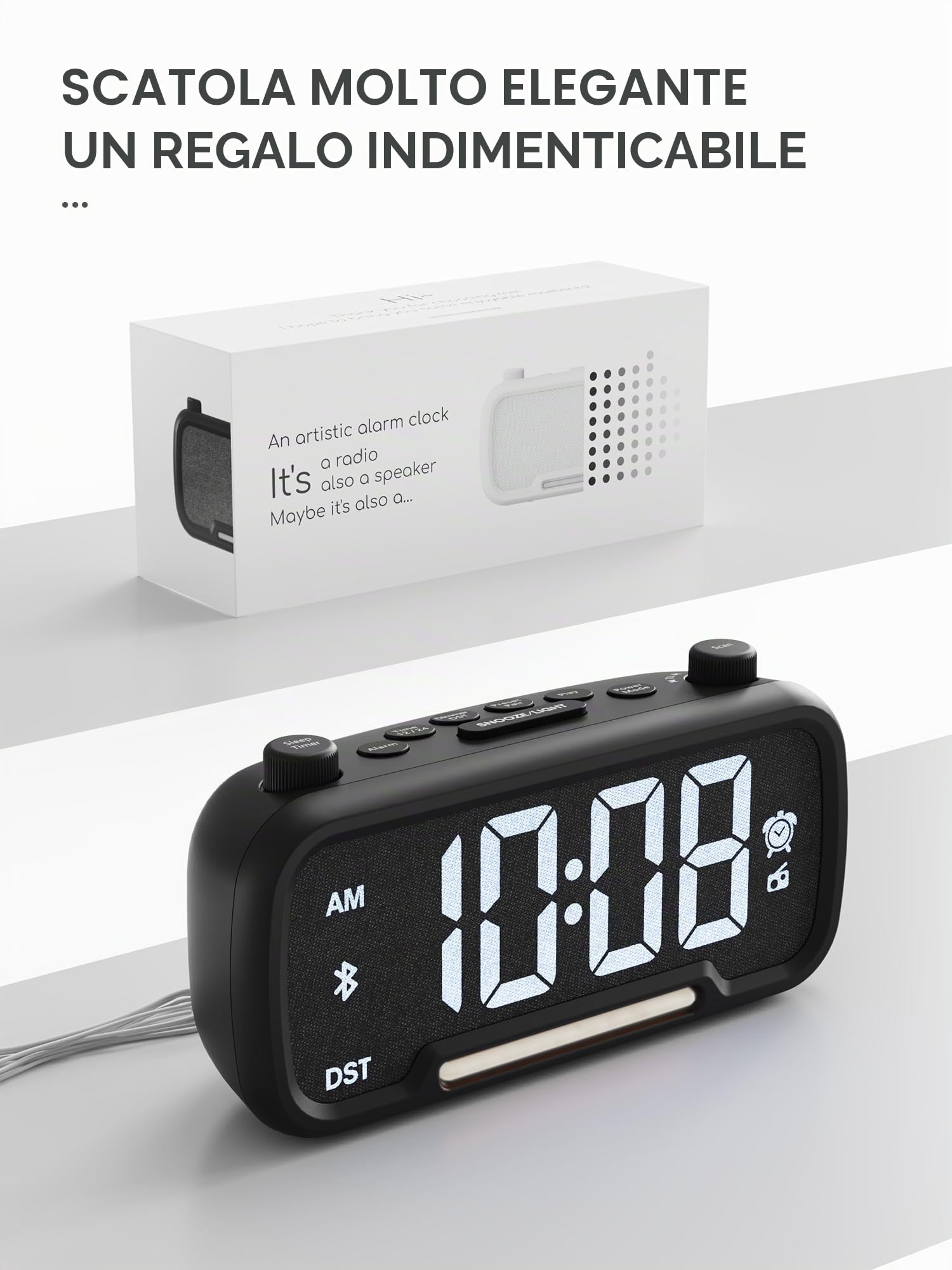 ROCAM Sveglia Digitale da Comodino Radiosveglia Orologio Digitale da Tavolo Funzionamento a rete Dimmer Luce notturna USB Tipo-C DST Batteria di Backup Radio da Cucina