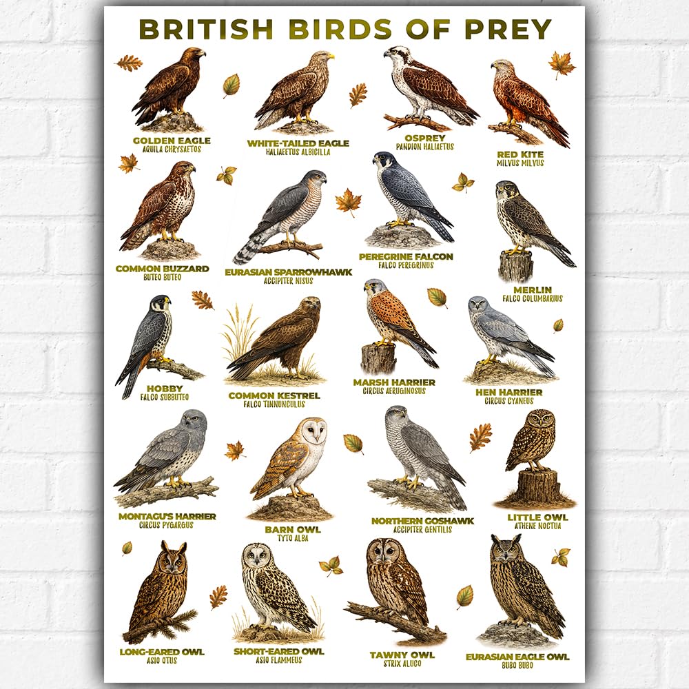 British Birds of Prey Poster A3 – UK Raptor Identification Chart – Ornithology Wildlife Guide – Eagles Hawks Falcons & Owls Educational Wall Art – Kids Learning Classroom Home Decor