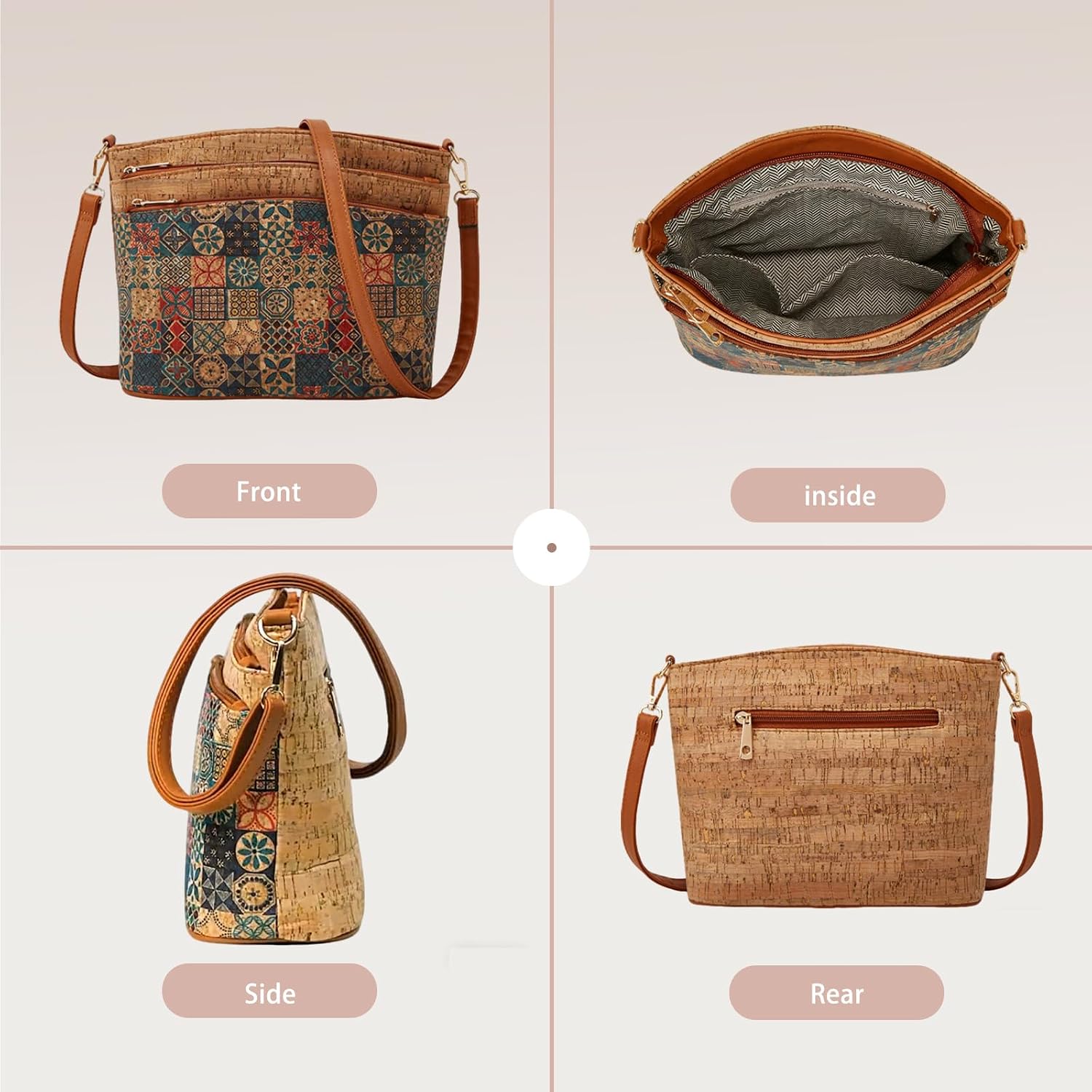 CORIOS Women's Bohemian Style Shoulder Crossbody Bag Cork Fabric Satchel Messenger Bag Top-Handle Bag with Ethnic Pattern
