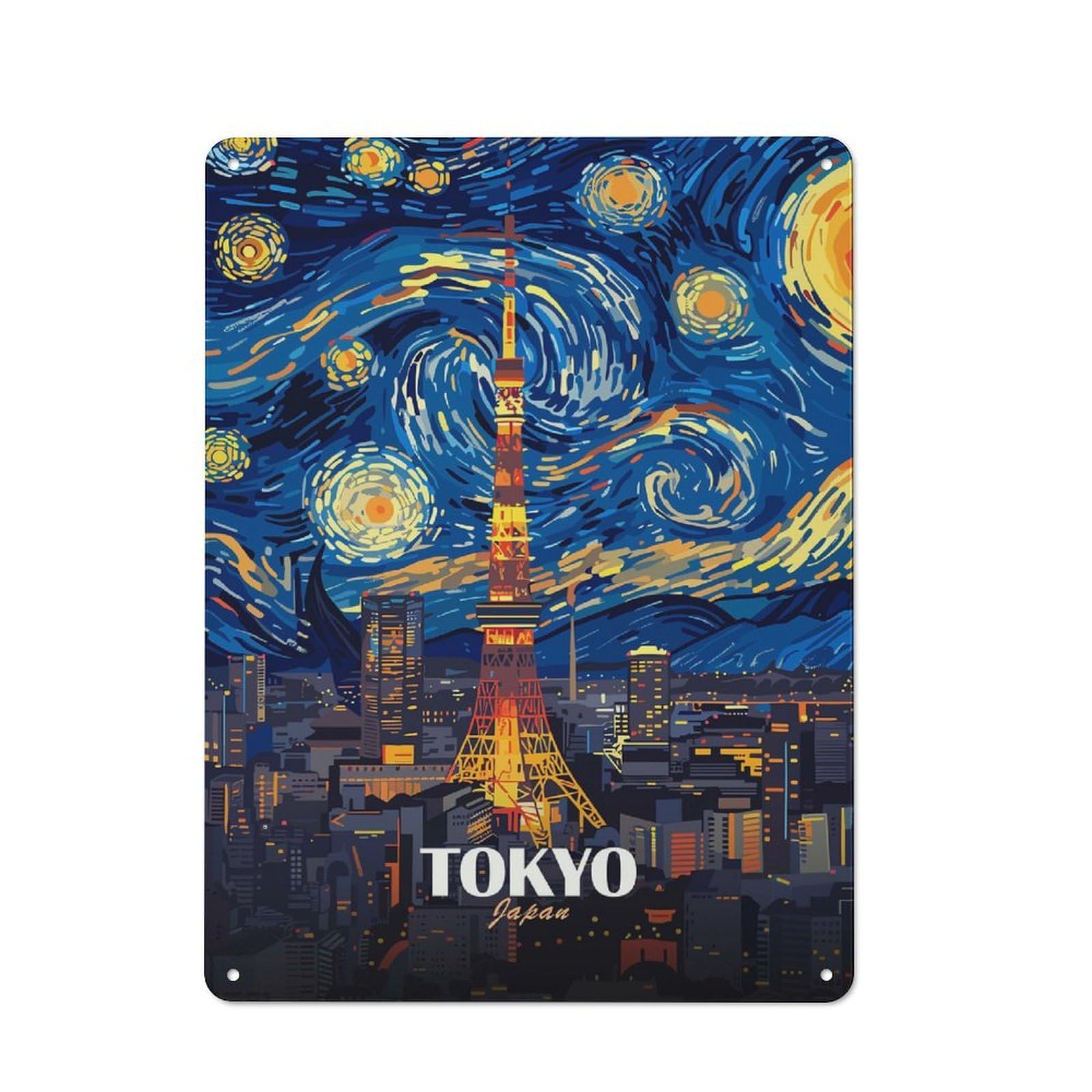 Junmoney Style-15 Tokyo Tower Starry Night Art Retro Metal Wall Sign 40X30cm For Guest Room Or Hallway, A Housewarming Gift For Home Decor Collectors