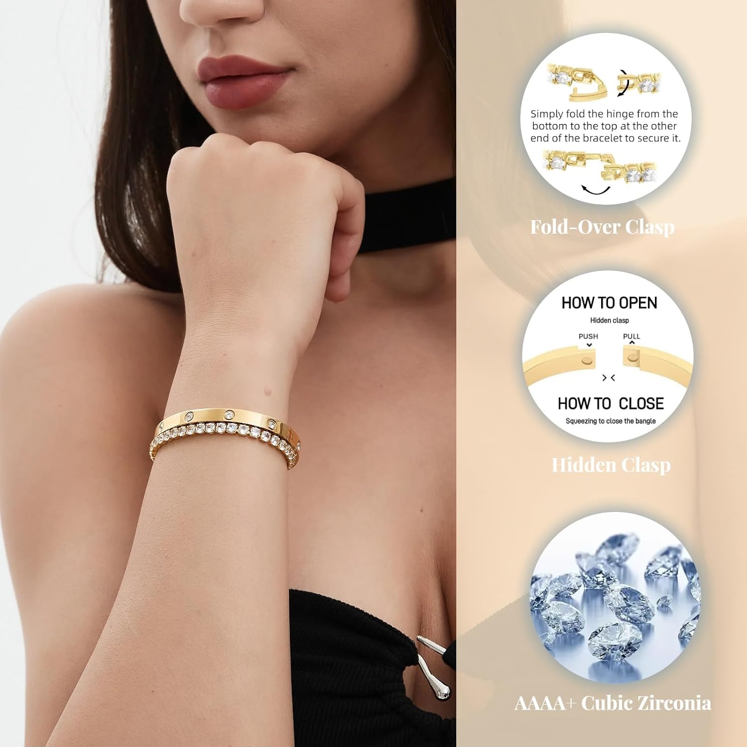 18K Gold Plated Dainty Tennis Bracelets Set 4mm/6mm Love Bangle Bracelets with 3mm/4mm Cubic Zirconia Classic Tennis Bracelet| Gold Bracelets for Women | Size 6.5/7/7.5 Inch - Image 2