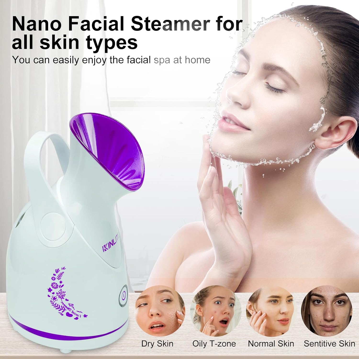 Nano Ionic Facial Steamer KINLITO Facial Steamer with Warm Mist Portable Face Humidifier for Deep Cleaning Unclog Pores with Blackhead Remover, Aromatherapy Kit for Personal Home SPA (Purple) - Image 2