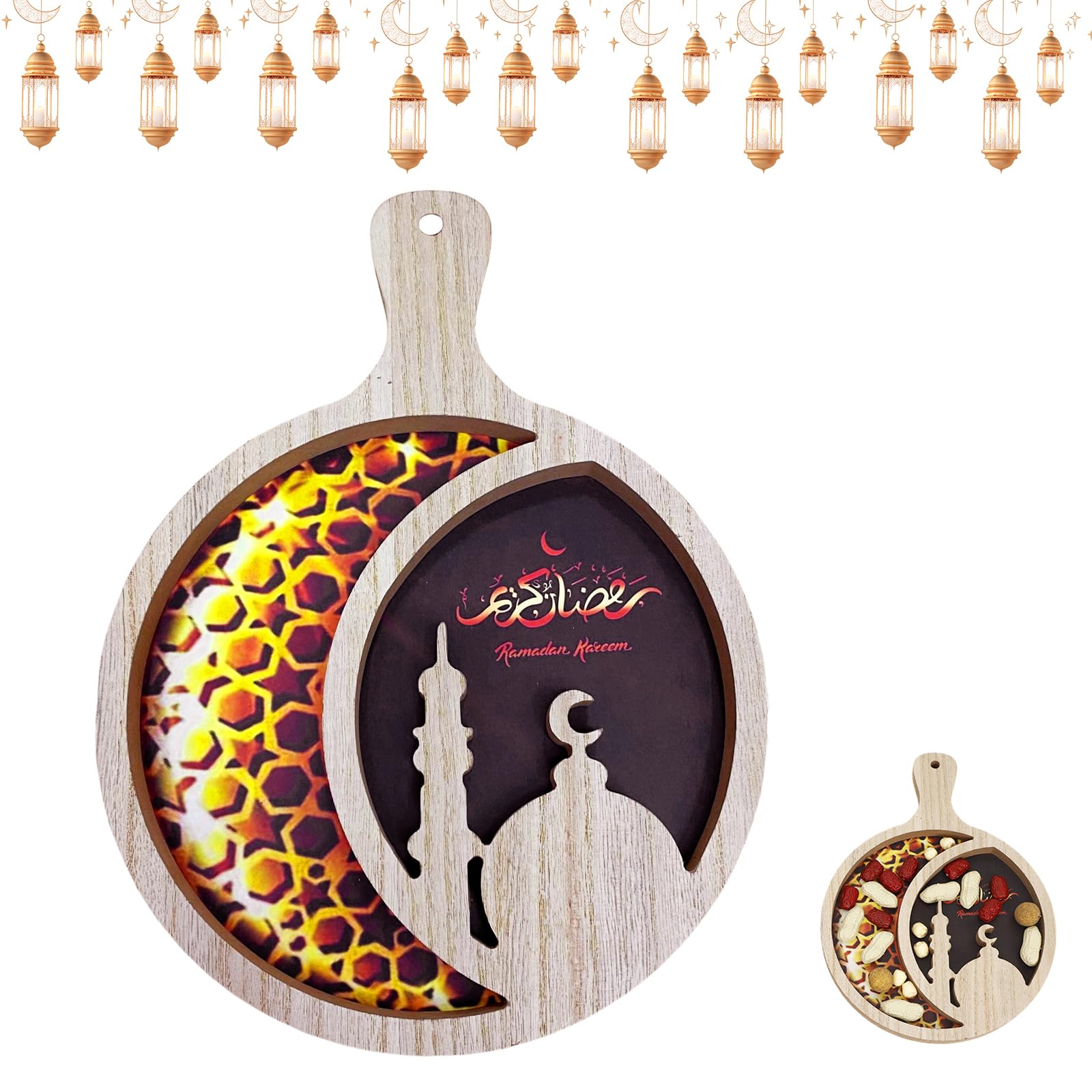 Wooden Round Ramadan Pallet,Eid Round Food Tray with Handle,Eid Mubarak Wooden Moon Star Plates,Ramadan Wooden Tray for Desserts,Eid Mubarak Ornaments,for Table Decor Home Dessert Pastry Display