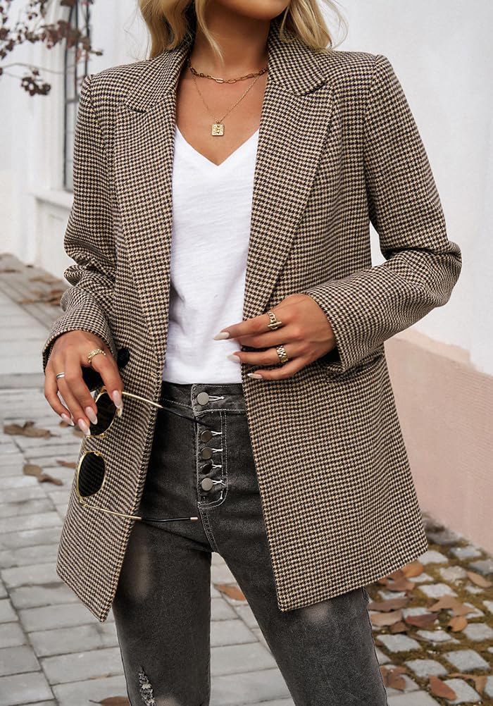 Womens Casual Blazer Open Front Lapel Houndstooth Jacket Plaid Blazers Bussiness Work Office Suits with Pockets - Image 5