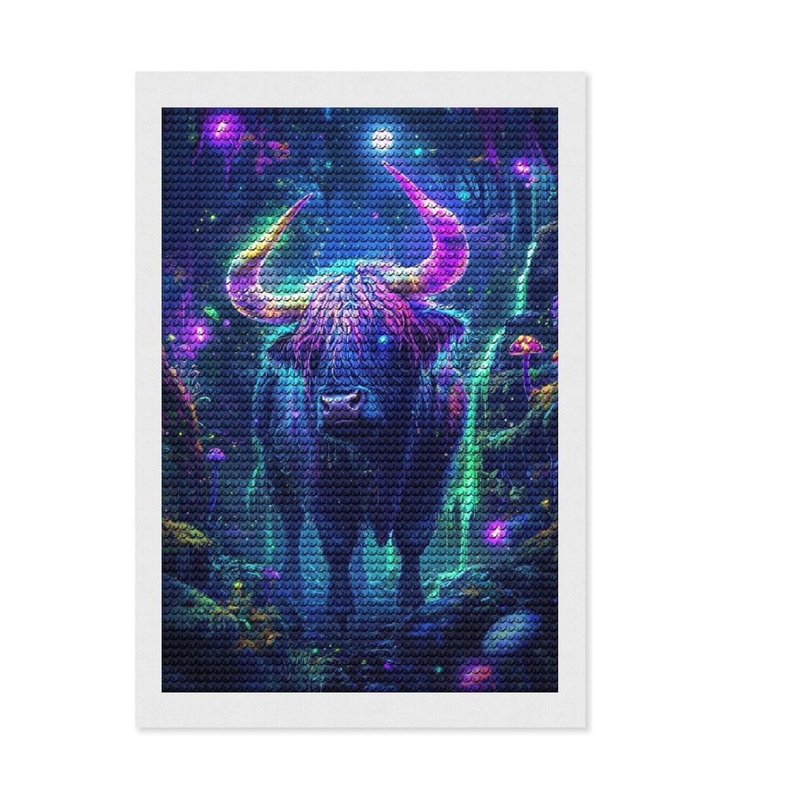 Junmoney Neon Highland Cow in Forest Round Drill Diamond Painting 8"x12", for Women, Office Decor, Good for Quiet Evenings, Festive Craft Gift