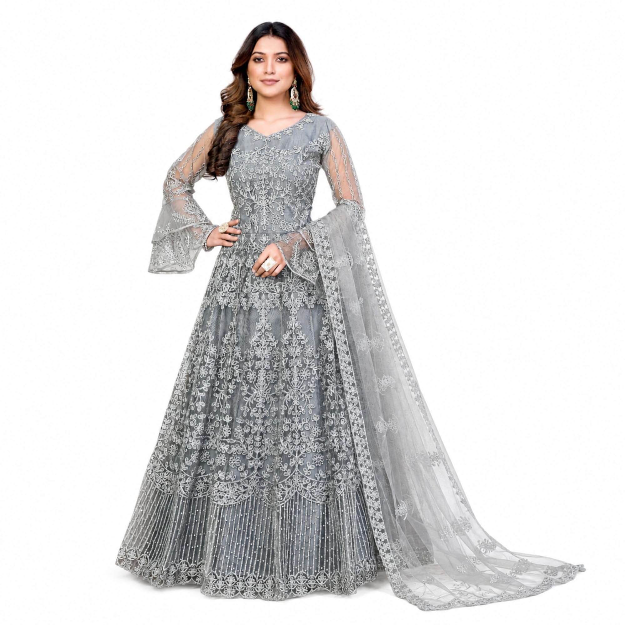 Women Net Anarkali Suit Set with Dupatta | Semi-Stitched Anarkali Dress | Embroidery Chain Stitch Work Ethnic Suit with Crepe Bottom & Inner | Party and Wedding Ware Grey-image-38