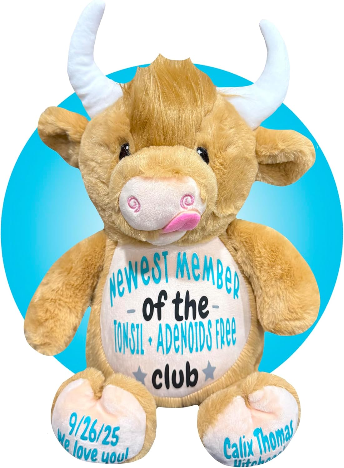 Tonsil and Adenoid Surgery Recovery Kids Gifts - Personalized 17" Tonsil and Adenoids Plush - Gift for Kid Getting Tonsils Out - Adenoid Surgery Bear for Kids - Tonsil Surgery Gifts (Highland Cow)