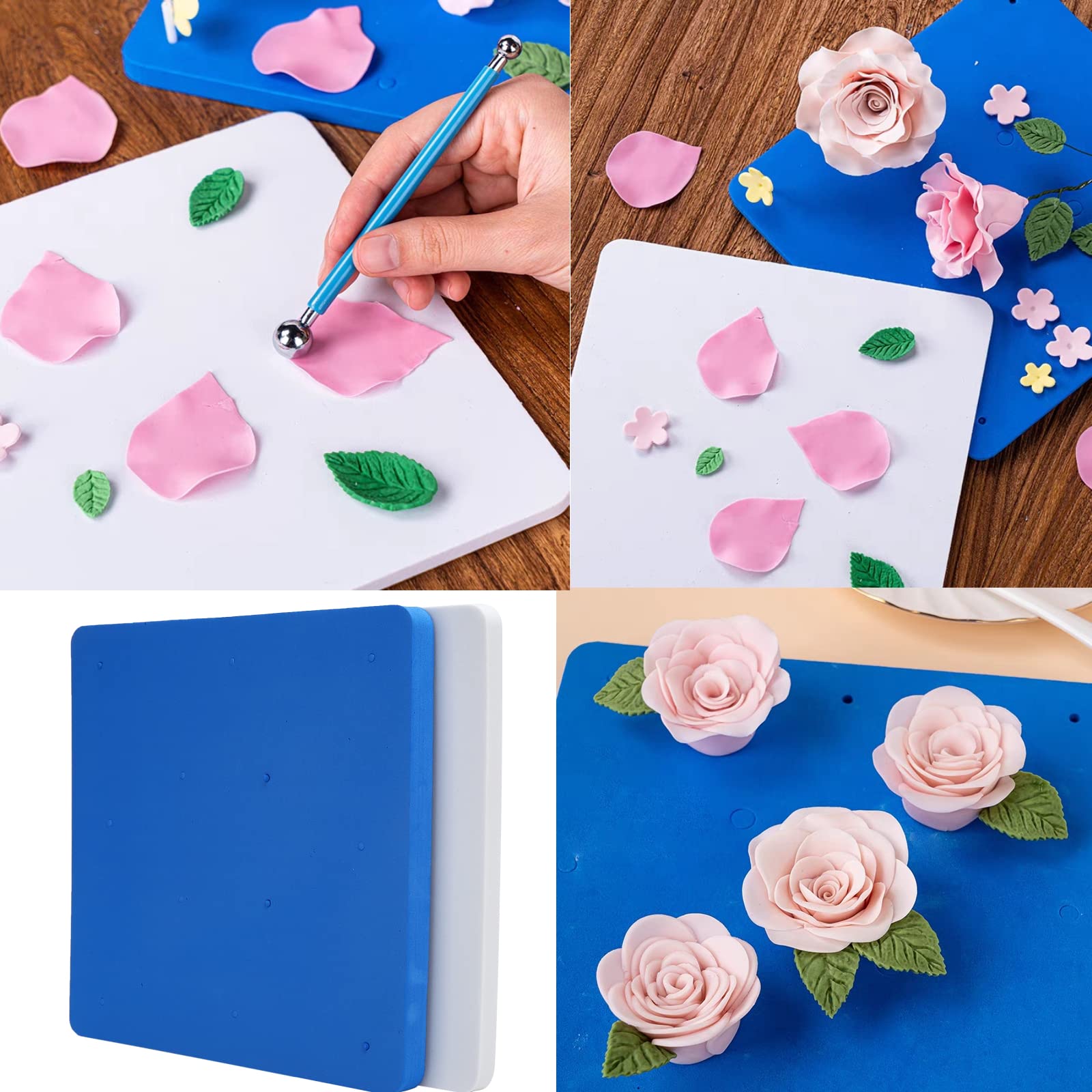 AUNMAS 2 Stück Fondant Schaumstoff-Pad, 12 Löcher Fondant Kuchen Shaping Sponge Mat, DIY Paste/Zuckerblume/Gum/Schokolade/Ton Modellierwerkzeuge Trockenblech für Kuchendekoration, Weiß Blau