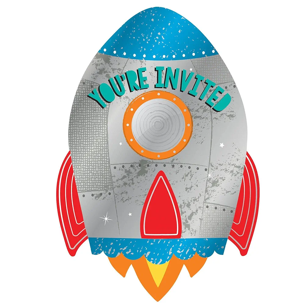 Amscan 492278 - Blast Off Space Kids Birthday Party Postcard Invitations with Stickers & Envelopes - 8 Pack