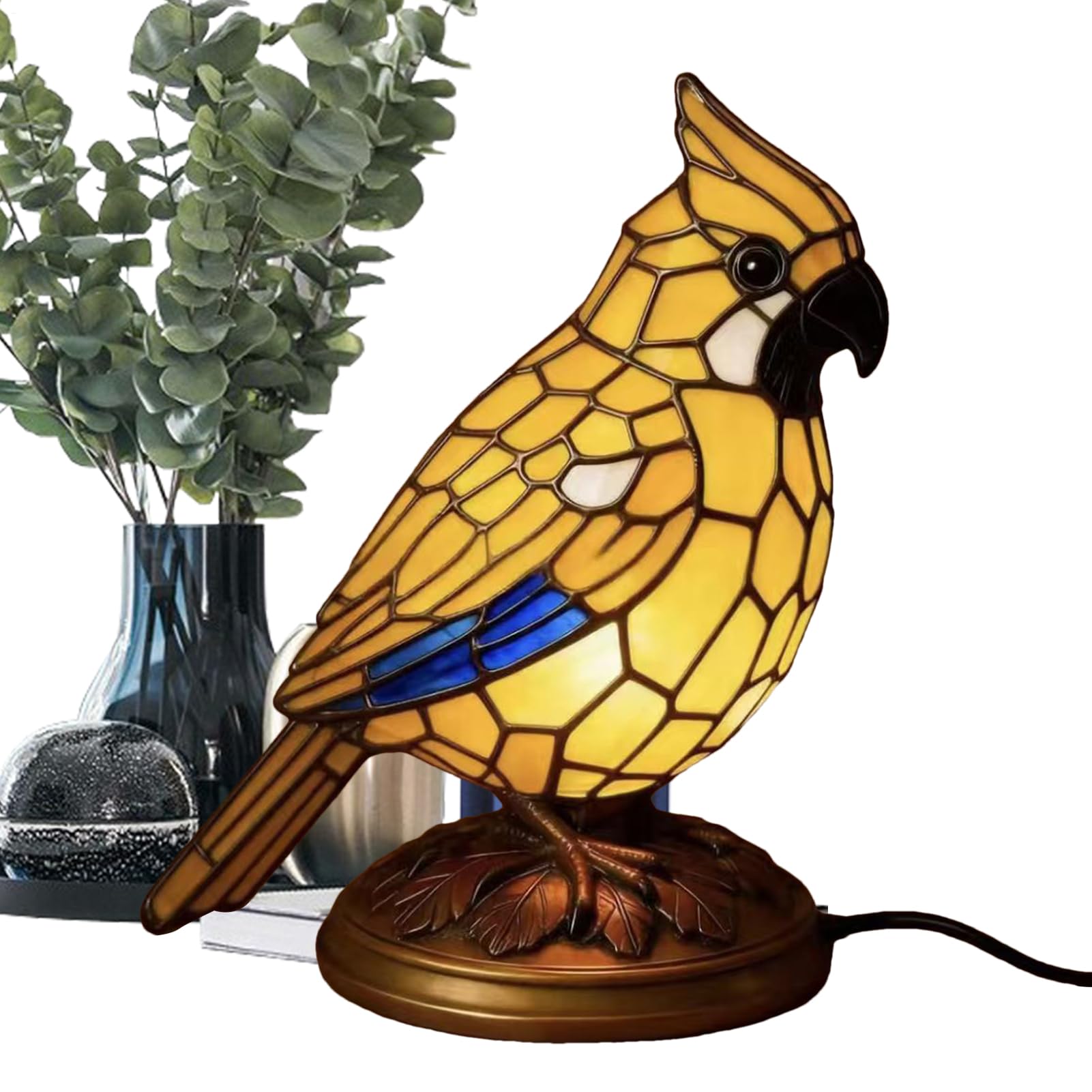Daooibpa Bird Table Lamp, Handmade Resin Vintage Stained Glass Bird Night Lights Ornaments, for Bedroom, Living, Office, Corridor, Bedside Table, Desk and Display Shelf