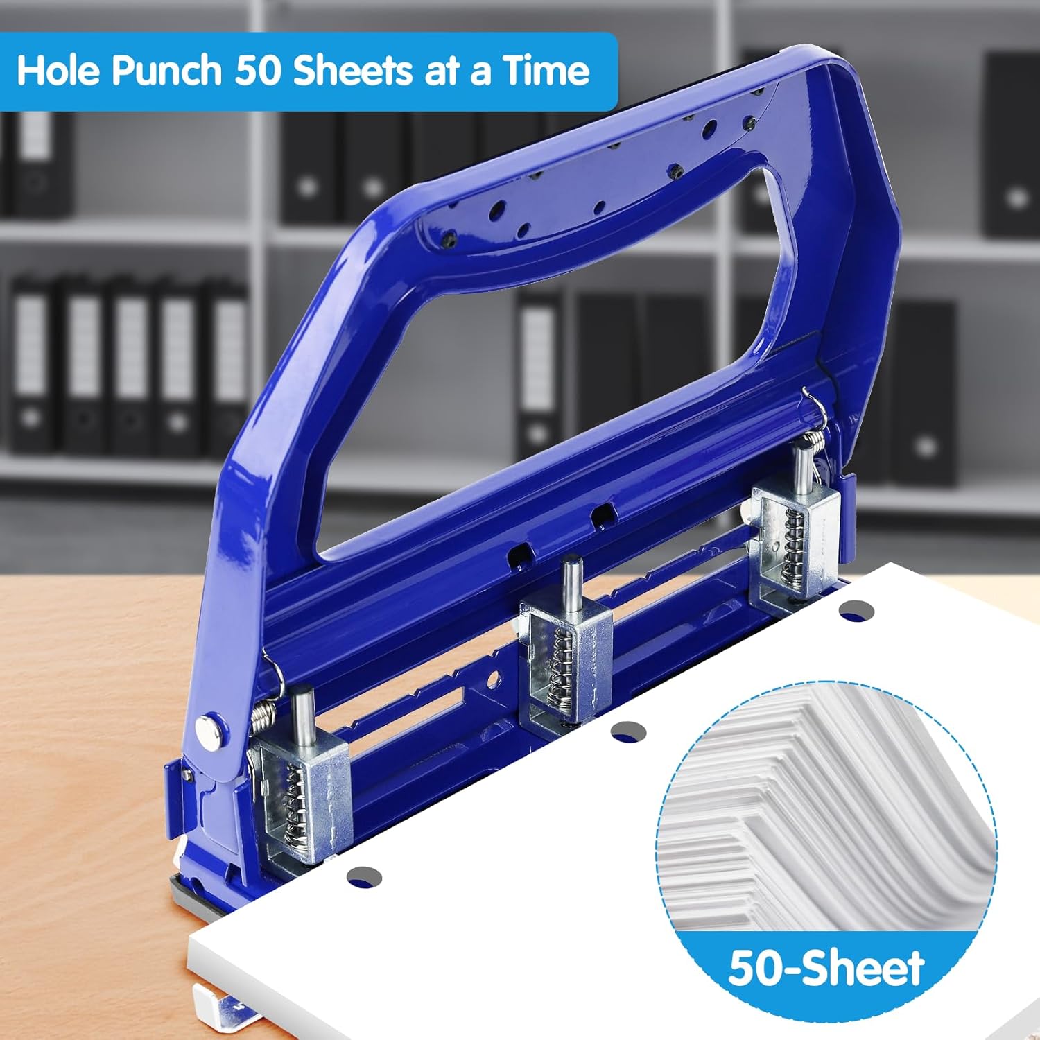 AFMAT 3 Hole Punch Heavy Duty, 9/32" Holes, 50-Sheet Hole Puncher 3 Ring, 50% Reduced Effort, Adjustable Two & Three Hole Punch, Metal Paper Puncher w/Large Chip Tray, Metal Paper Guide, Blue, HP18