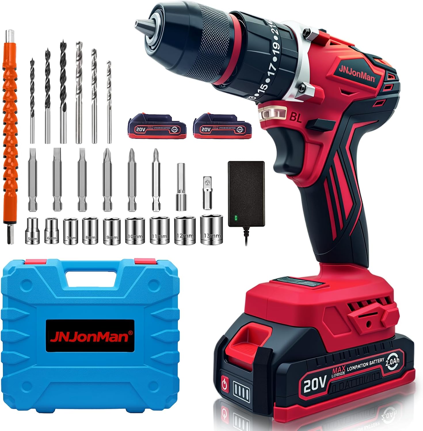 20V Cordless Brushless Impact Drill - 3-in-1 Drill Driver Impact for Concrete Wood Metal, 58N·m Torque, 2x2.0Ah Li-Ion Batteries, 0.8kg Lightweight, change into American standard plug