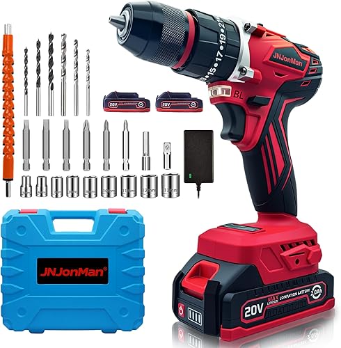 Taladro de impacto inalámbrico sin escobillas de 20 V - Taladro 3 en 1 de impacto para hormigón y madera, metal, par de 58 N·m, 2 baterías de iones