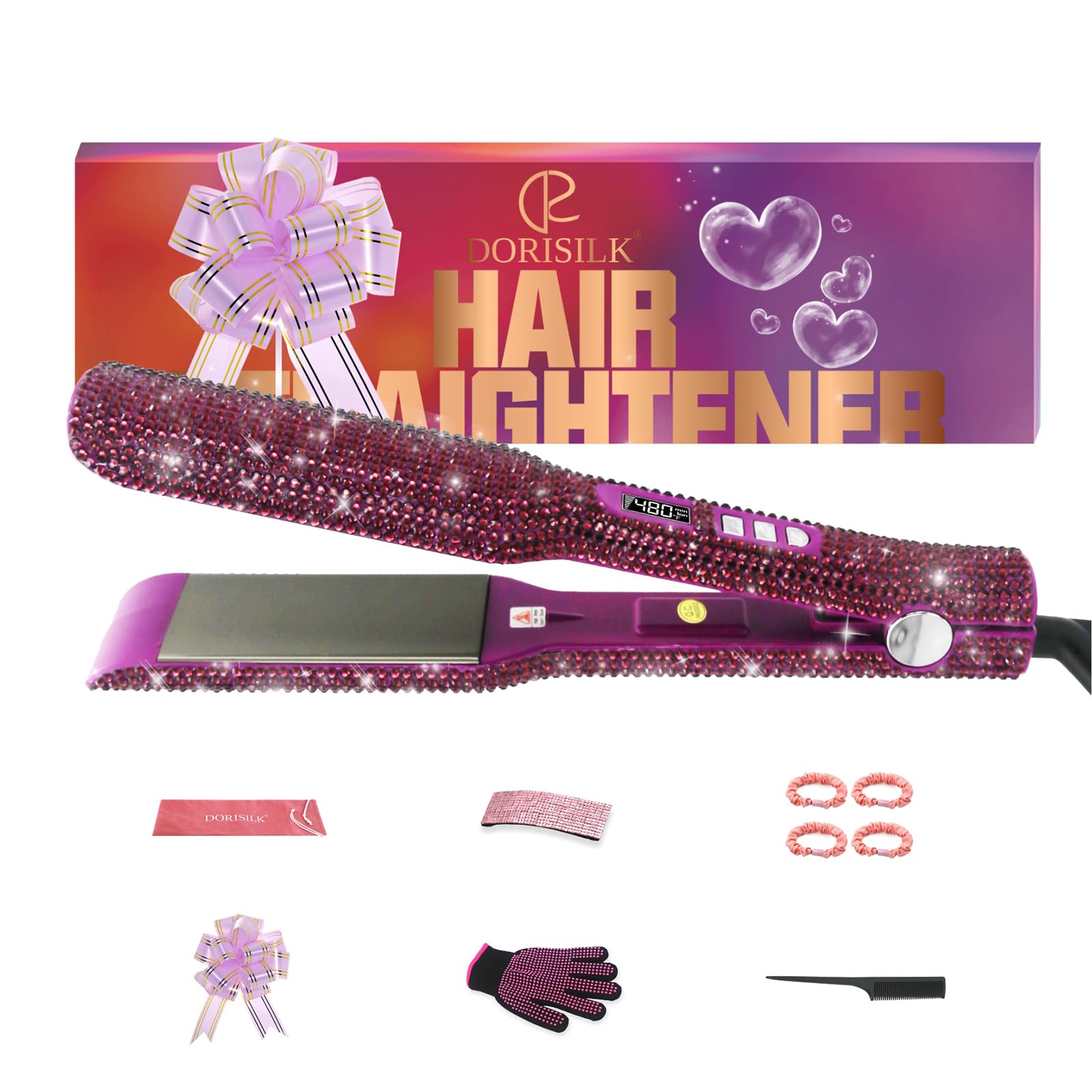 DORISILK480°F High Temp Hair Straightener and Curler, Titanium Flat Iron Rhinestone Straightening Iron, 2 in 1 Straightening Curling Salon Professional Dual Voltage Crystal Bling, 2 Inch Fuchsia