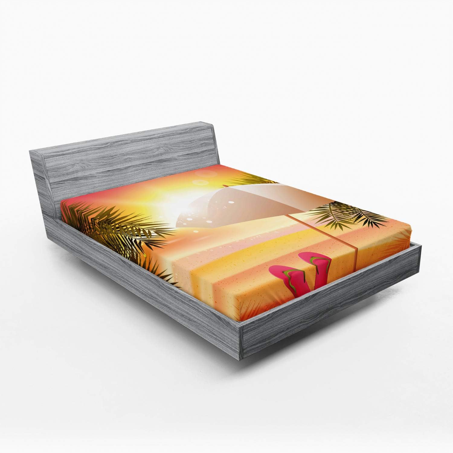 Ambesonne Summer Fitted Sheet, Sunset at The Beach Flip Flops Umbrella and Palm Trees Illustration, Bed Cover with All-Round Elastic Deep Pocket for Comfort, Queen Size, Orange and Yellow