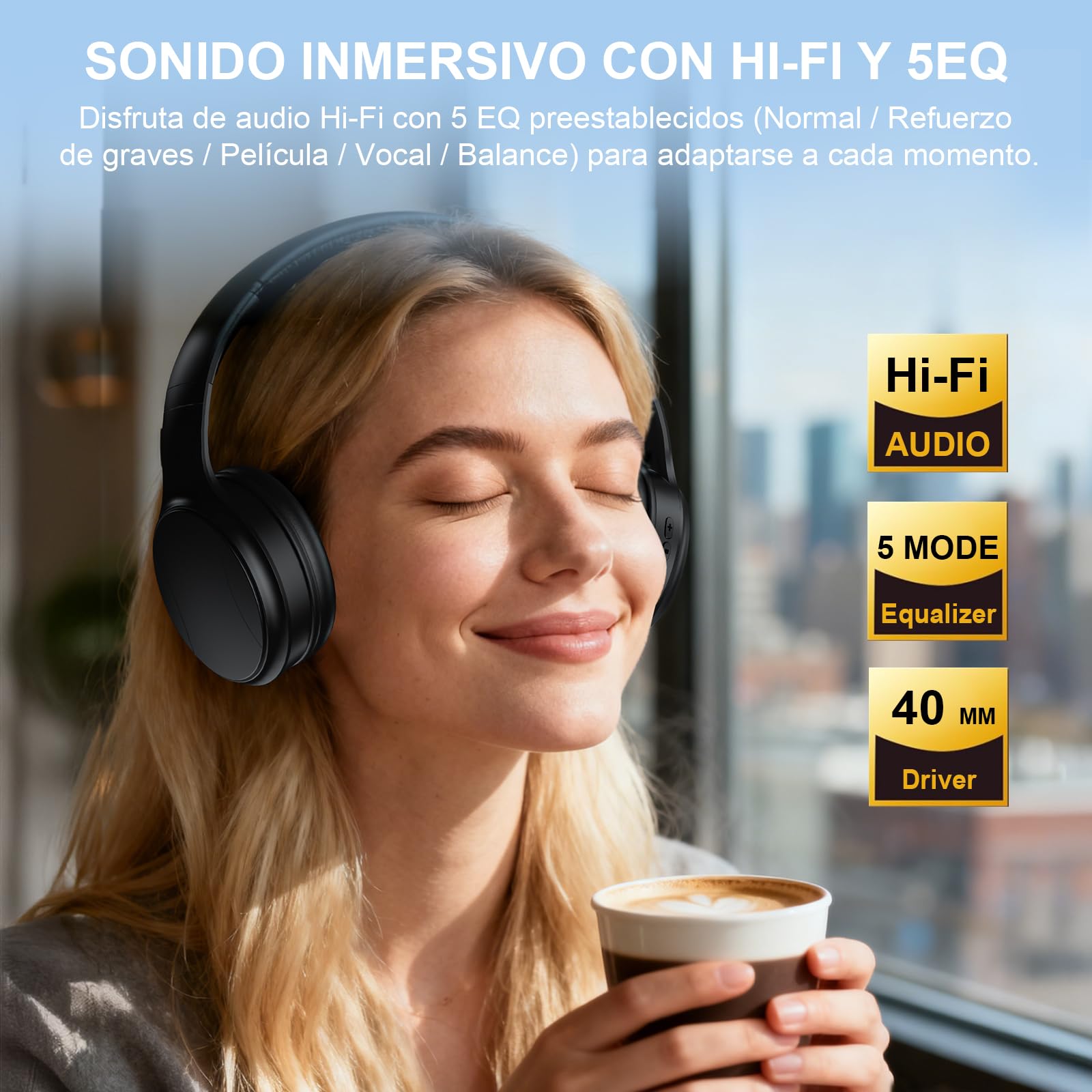 Auriculares Inalámbricos para TV, Auriculares Bluetooth y 2.4G de Modo Dual con Caja Transmisora, 5 Preajustes de Ecualizador con Diálogo Claro, Cascos para TV o Viajar, Negro