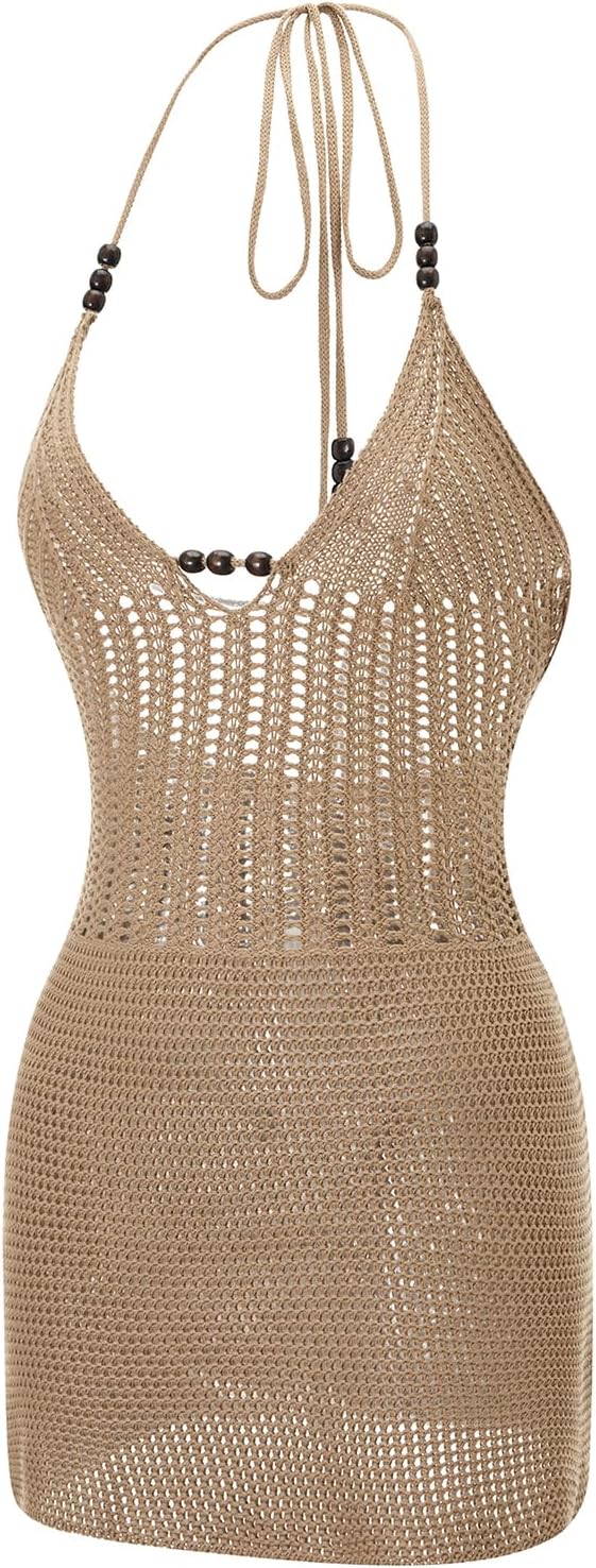 Women's Crochet Knit Halter Mini Dress Sexy Sleeveless Backless Lace Up Bodycon Mini Dress Summer Beach Dress - Image 6