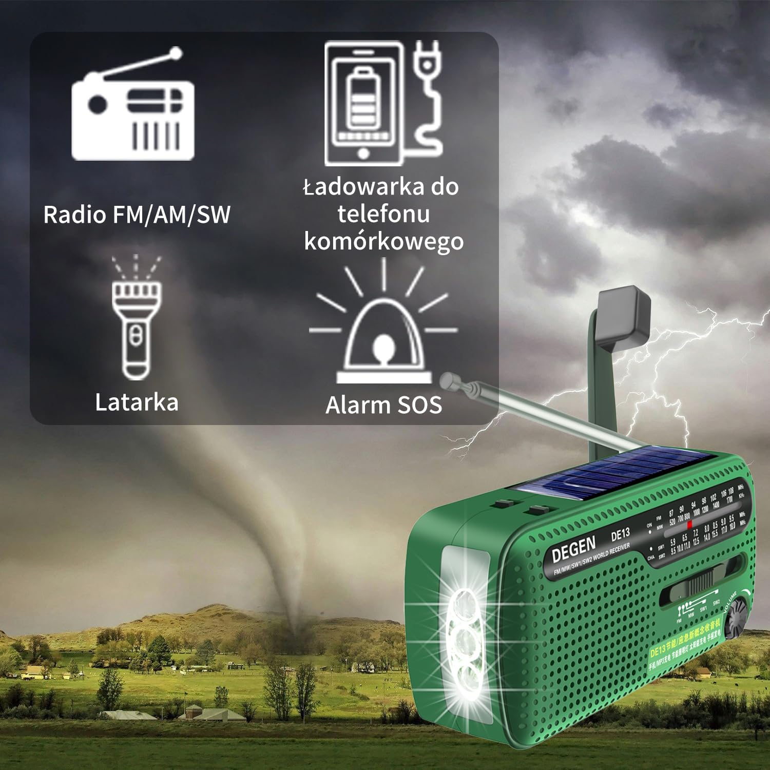 DEGEN DE13 Wind Up Radio korbowe solarne FM AM SW awaryjne radio pogodowe latarka SOS alarm ładowalny telefon komórkowy do użytku awaryjnego i na zewnątrz zielony