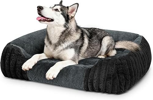 Miniatura 15 de Camas para perros pequeños de 28x20 pulgadas, cama ortopédica tipo sofá con lados cómodos para perros con espuma viscoelástica triturada NEGRO+gris