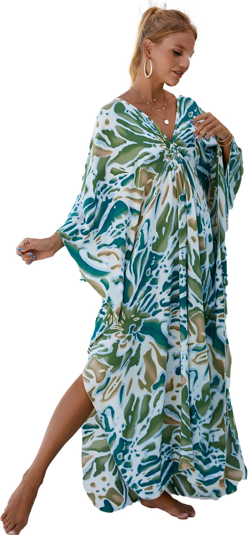 RanRuiBeach Cover ups Hand Woven V Neck Swim Cover up Caftan Rayon Cotton Kaftan Dresses Floral Ethnic Print Beach Kaftans