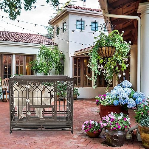 Miniatura 7 de SMONTER - Jaula resistente para perros de gran tamaño, caseta de metal fuerte y corral para mascotas con tres puertas, cuatro ruedas, 42 pulgadas,