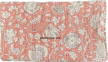 Hippie Floral Handblock Handmade Cotton Block Kantha Quilting Vintage Throw Blanket Hippie Queen/King Size Bohemian Bed Decor Quilt (Pink, 60X90 inch)